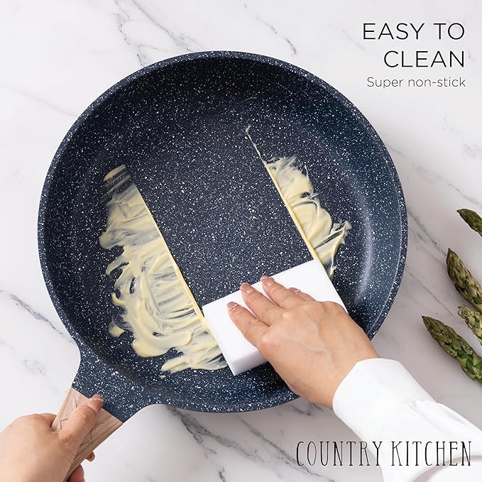 Country Kitchen Non-Stick Cast Aluminum Cookware Set - Durable Kitchen Cookware for Everyday Cooking, Navy, 11 Pc.