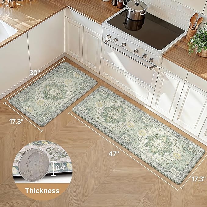 GENIMO Kitchen Mats for Floor 2PCs, Washable Anti Fatigue Mat for Cushioned, 17.3"x47"+17.3"x30", Waterproof Kitchen Rugs, Non Slip Comfort Standing Mat Rug for Home, Sink, Laundry, Light Green