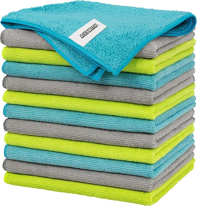 FIXSMITH Microfiber Cleaning Cloth - Pack of 12, Multi-Functional Towels, Size: 12 x 16 in, Highly Absorbent Rags, Lint-Free, Streak-Free for Car, Kitchen, Home, Office