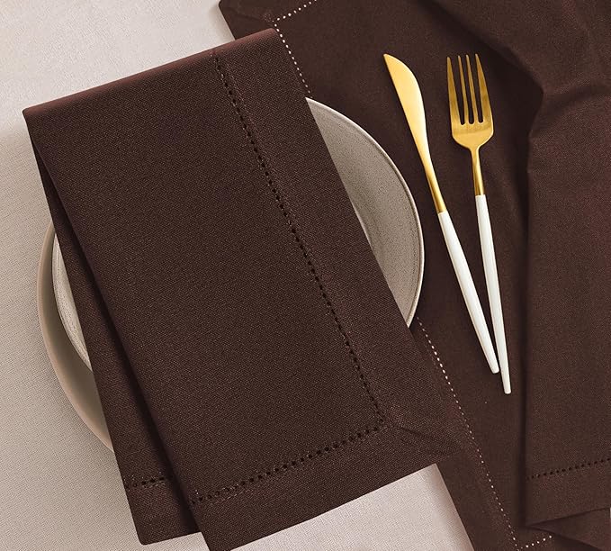 Bedding Craft Cotton Cloth Dinner Napkins Set of 12 – 18x18 Hot Chocolate with Frayed Fringe – Machine Washable Fabric Napkins for Weddings, Baby Showers, Parties & Everyday Dining