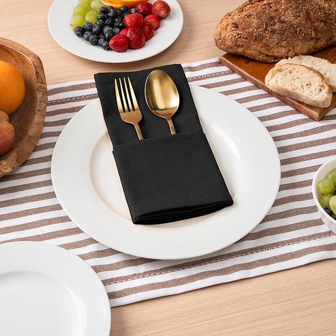 Blue Needles Solid Cloth Napkins Set of 6 Black 100% Cotton Dinner Napkins 18x18 inches - Soft, Reusable, Absorbent & Washable Fall Thanksgiving Linen, Ideal for Events, Parties & Everyday Use