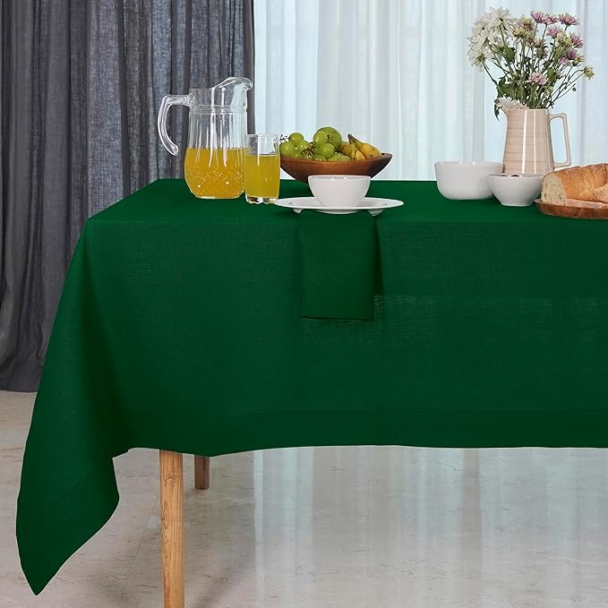 D'Moksha Homes Linen Tablecloth for Rectangle Tables 60 x 156 Inch - 100% Pure Linen Forest Green Tablecloth - Machine Washable Table Cloth for Summer, Fall and Halloween