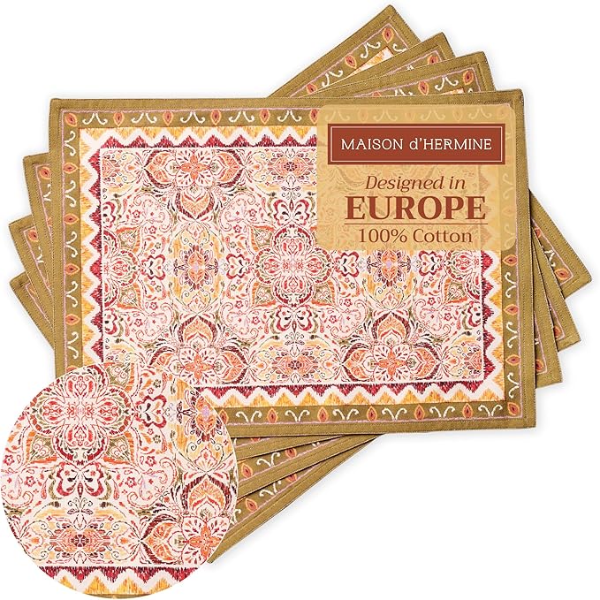 Maison d' Hermine Placemats Set of 4 100% Cotton Washable Cloth Place Mats, Reusable Table Mats for Thanksgiving Christmas Decorations Kitchen Dining Party Wedding Restaurant (Damask, 13" x 19")