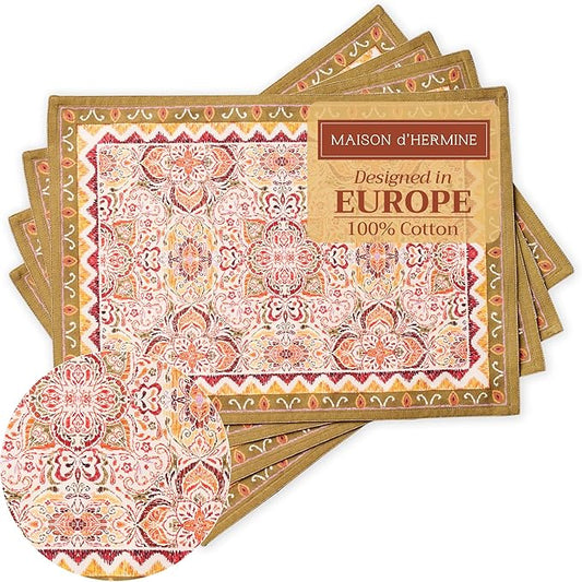 Maison d' Hermine Placemats Set of 4 100% Cotton Washable Cloth Place Mats, Reusable Table Mats for Thanksgiving Christmas Decorations Kitchen Dining Party Wedding Restaurant (Damask, 13" x 19")