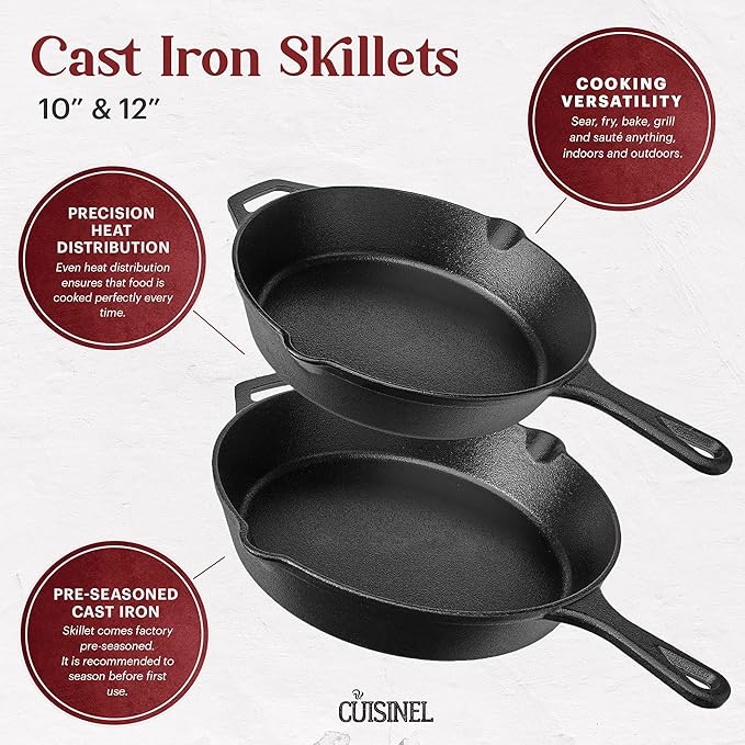 Cuisinel Cast Iron Skillet Set - 10" + 12" Frying Pan + Glass Lids + 2 Handle Cover Grips - Pre-Seasoned Oven Cookware - Indoor/Outdoor Use - Grill, Stovetop, Induction, BBQ, Camping, Fire Use