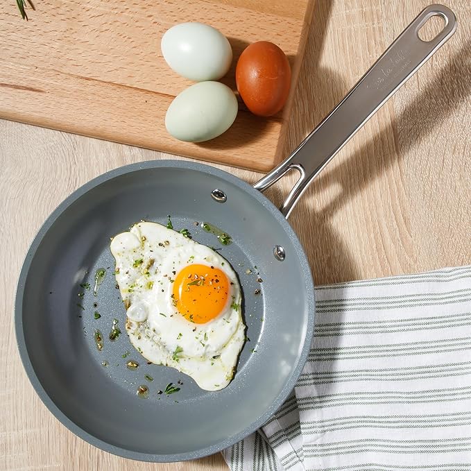 Sur La Table Kitchen Essentials Cool Commune Hard Anodized 10 Piece PFA Free Ceramic Non stick Interior Forged Durable Aluminum Pots and Pans Cookware Set - Green - Induction Compatible