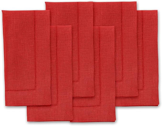 Solino Home Red Linen Napkins Set of 6-100% Pure Linen Hemstitch Dinner Napkins 20 x 20 Inch for Christmas, Holiday, Winter - Classic Hemstitch