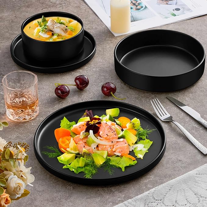 Herogo Dinnerware Sets with Pasta Bowls for 4, 16 Piece Dinner Salad Plates and Cereal Serving Bowls, Stoneware Dishes Dinner Ware for Home Kitchen, Chip & Scratch Resistant, Matte Black