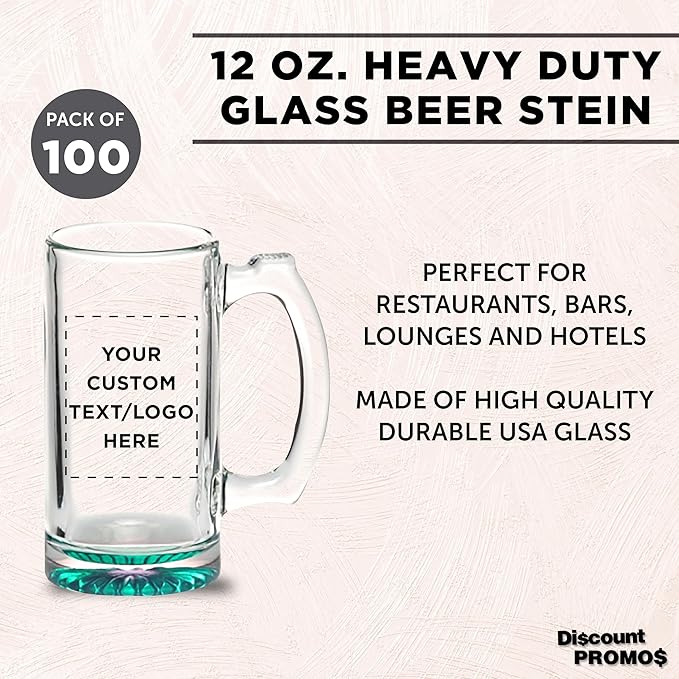 100 Libbey Beer Mugs Set, 12 oz. - Customizable Text, Logo - Groomsmen Glassware - Green