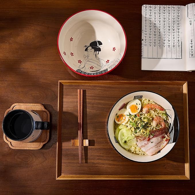 Ramen Bowl Set 45oz, 8inch, Japanese Ukiyo-e Design - Perfect for Ramen, Pho, and Noodles-Durable Ceramic Bowls, Microwave & Dishwasher Safe-Ramen Noodle Bowl Set (Samurai & Geisha)