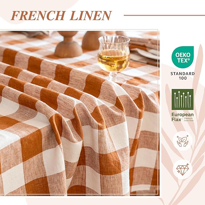 Linen World Checkered Tablecloth – Buffalo Plaid Linen Tablecloth 72" x 72" Inch,100% French Flax Table Cloth for Dining Table,Weddings,Thanksgiving & Christmas Decor,Rust Checkered