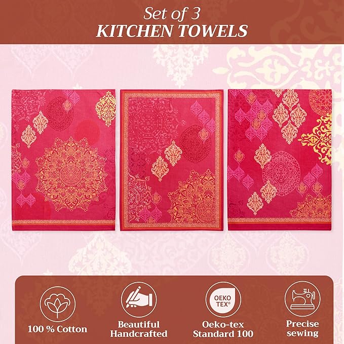 Maison d' Hermine Kitchen Towels Set of 3 100% Cotton 20" x 27.5" Reusable Cloth Tea Dish Towels Absorbent with Hanging Loop for Kitchen Dining Thanksgiving Christmas Decorations (Versailles)
