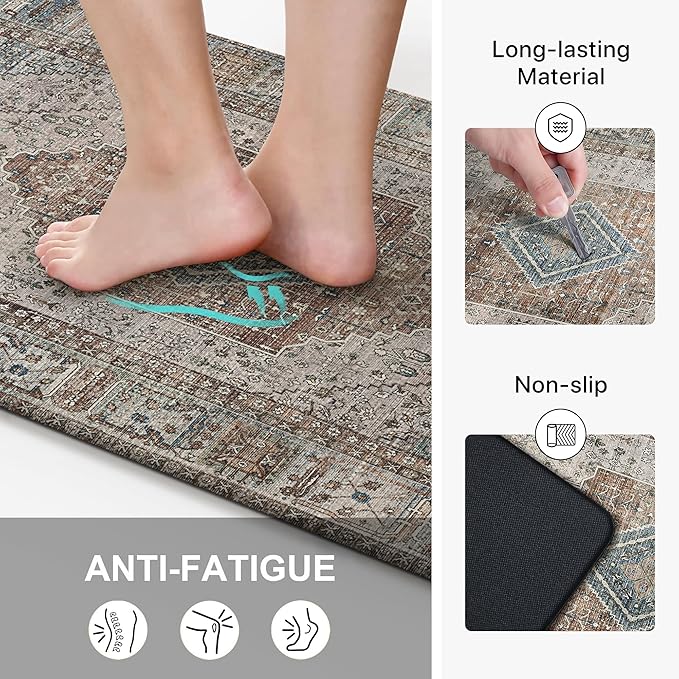GENIMO Kitchen Mats for Floor 2PCs, Washable Anti Fatigue Mat for Cushioned, 17.3"x47"+17.3"x30", Waterproof Kitchen Rugs, Non Slip Comfort Standing Mat Rug for Home, Sink, Laundry, Brown