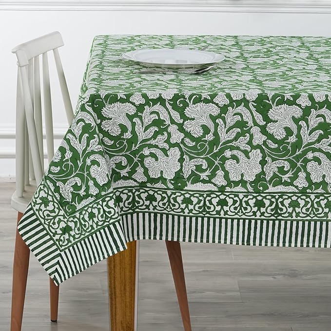 Ridhi Pantone Artichoke Hand Block Print Cotton Rectangle Tablecloth 118 x 70 inch-Reusable Table Cover Decorative Everyday Use for Dining Room, Farmhouse, Thanksgiving, Christmas Wedding, Fall
