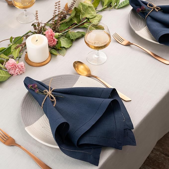 D'Moksha Homes Navy Blue Linen Napkins Set of 4 - Classic Hemstitch 100% Pure Linen Hemstitch Dinner Napkins 20 x 20 Inch for Fall, Thanksgiving, Holiday - Handcrafted and Machine Washable