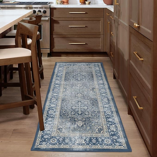 RUGGABLE Washable Area Rug – Kamran Admiral Blue 2.5'x12', Stain-Resistant, Non-Slip – Medium Machine Washable Rugs for Living Room, Bedroom, Hallway, Entryway & Office–with Standard Pad