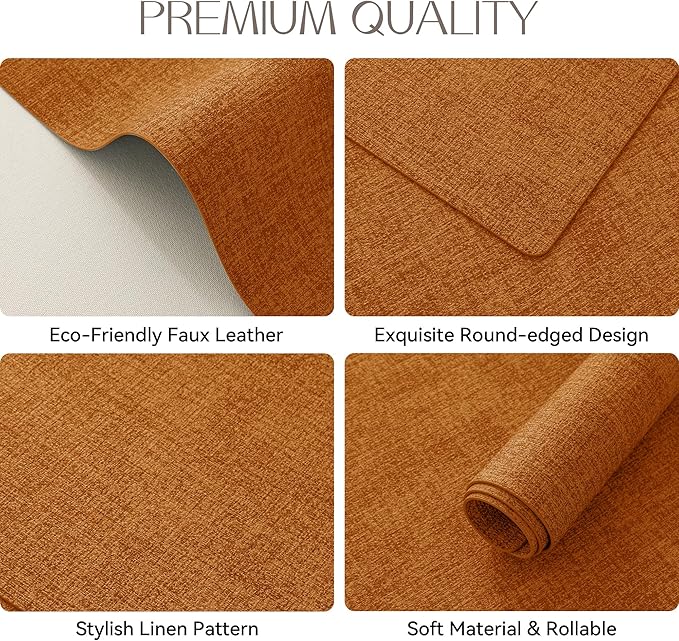 Romanstile Fall Vinyl Placemats Set of 6-12 X 18 Inch - Heat Resistant Place Mats 100% Waterproof Oilproof Wipeable Reversible Faux Leather Table Mats for Kitchen/Dining/Party/Outdoor, Orange