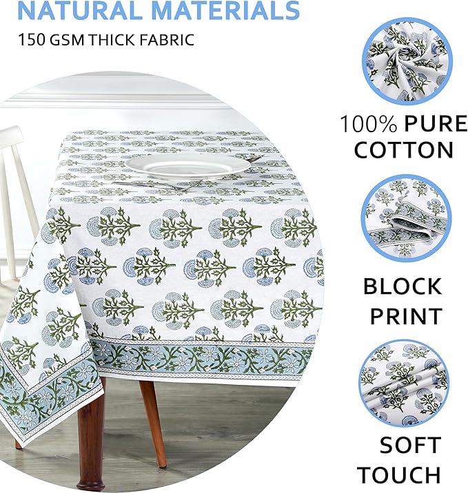 Ridhi Mughal Buta Blue Hand Block Print Cotton Rectangle Tablecloth 120 x 60 inch-Reusable Table Cover Decorative Everyday Use for Dining Room, Farmhouse, Thanksgiving, Christmas Wedding, Fall