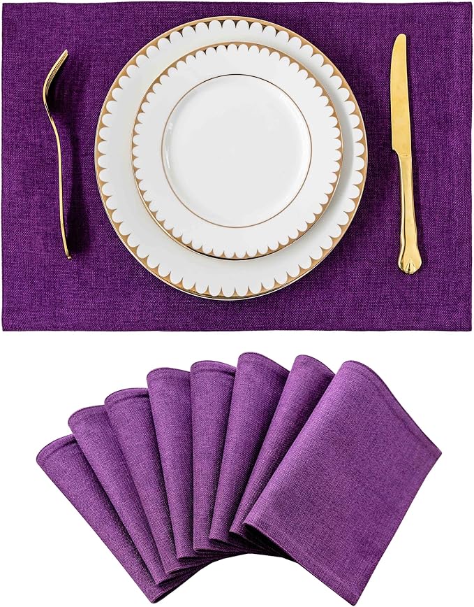 Home Brilliant Cloth Placemats Set of 8 Heat Resistant Dining Table Place Mats for Kitchen Table, 13 x 19 inches, Purple