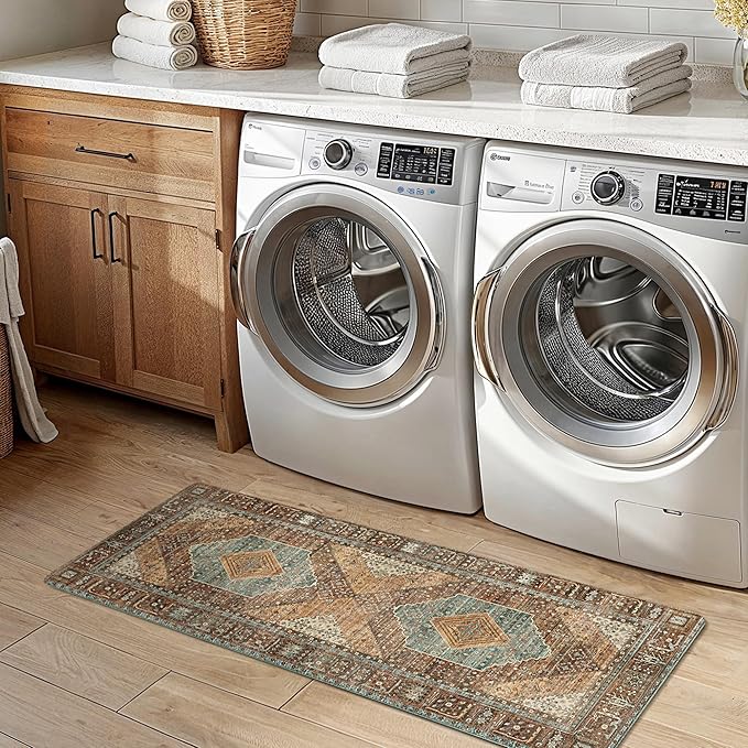 GENIMO Kitchen Mats for Floor 2PCs, Washable Anti Fatigue Mat for Cushioned, 17.3"x47"+17.3"x30", Waterproof Kitchen Rugs, Non Slip Comfort Standing Mat Rug for Home, Sink, Laundry, Brick