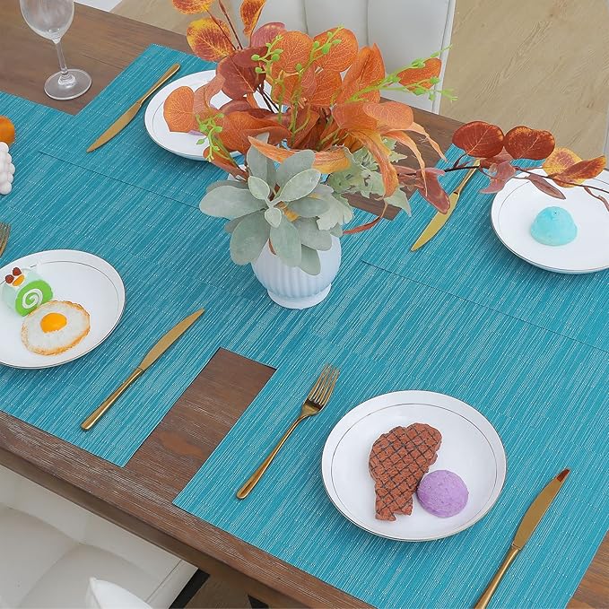 SHACOS Placemats Set of 8 Woven Vinyl Place Mats for Dining Table Wipe Clean Heat Resistant Washable Kitchen Table Mats (8, Teal Blue)