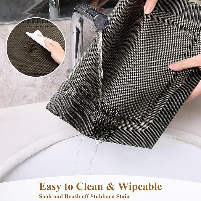 SHACOS Woven Vinyl Placemats Set of 4 Wipe Clean Place Mats for Dining Table Heat Resistant PVC Weave Table Mats Indoor Outdoor (4, Frame Black Gold)