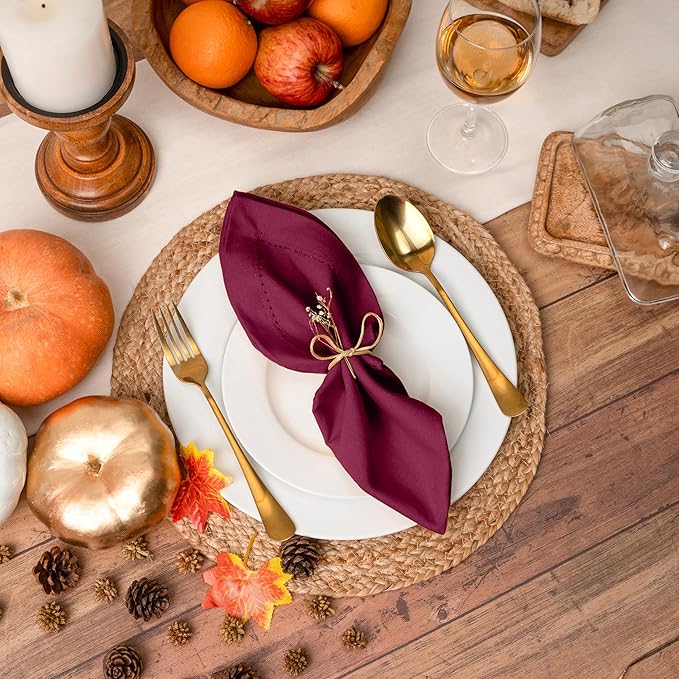 Blue Needles Set of 6 Hemstitch Linen Napkins 100% Cotton Burgundy Cloth Dinner Napkins 18x18 inches, Soft, Reusable, Absorbent, Washable, Ideal for Fall Thanksgiving Events, Parties & Everyday Use