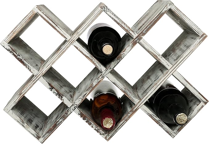 MyGift Rustic Torched Wood Wine Rack – 8-Bottle Countertop Holder, Geometric Freestanding Organizer for Home Bar, Farmhouse Kitchen, Wedding & Party Decor