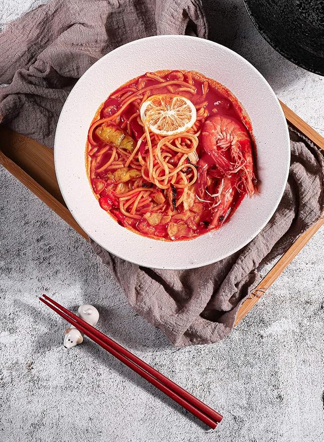 Kanwone Ceramic Japanese Ramen Bowl Set, Noodle Soup Bowls - 60 Ounce, with Matching Spoons and Chopsticks for Udon Soba Pho Asian Noodles, Set of 2, White