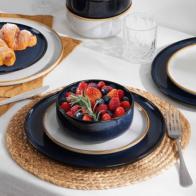 Herogo 12-Piece Stoneware Dinnerware Set for 4, Dinner Plates and Bowls Sets, Double Reactive Glaze Dishware Place Setting for Kitchen, Scratch Resistant, Microwave Safe, Ivory White & Starry Blue