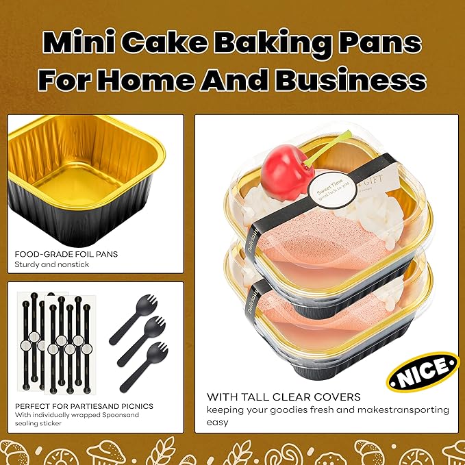 60 Pack Mini Cake Pans with Lids Mini Aluminum Pans, Disposable Loaf Pans Cupcake Liners with Lids for Pudding, Souffle, Party, Wedding(Black Gold, 5 oz)