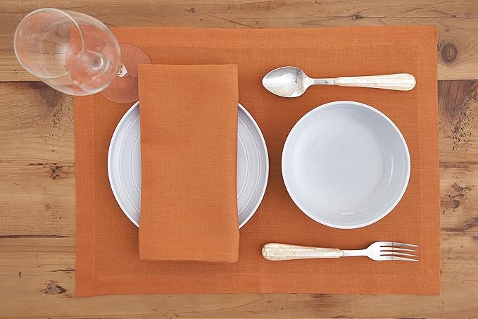 Solino Home Linen Placemats Set of 4 - Pumpkin Placemats 14 x 19 Inch - 100% Pure Linen Table Place Mats for Fall, Autumn, Thanksgiving, Holiday - Fete