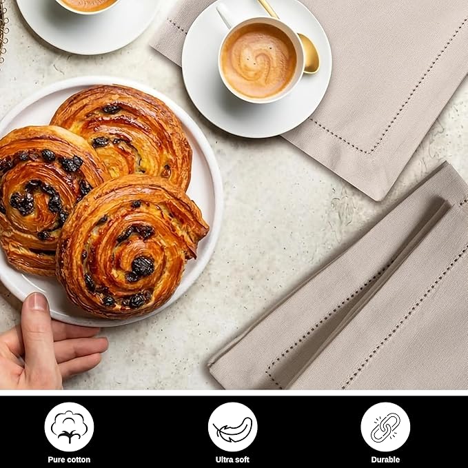 Bedding Craft Cotton Linen Cloth Dinner Napkins Set of 12 – 18x18 Flax Oatmeal Hemstitched – Machine Washable Reusable Fabric Napkins for Weddings, Parties & Events