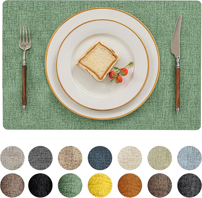 Romanstile Vinyl Placemats Set of 6-12 X 18 Inch - Heat Resistant Place Mats 100% Waterproof Oilproof Wipeable Reversible Faux Leather Table Mats for Kitchen/Dining/Party/Outdoor, Dark Green