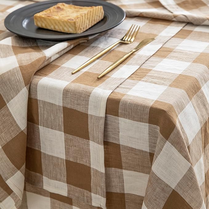 EVERLY 100% Yarn-Dyed Linen Rectangle Tablecloths 60x120Inches for Dining,Buffet Parties,Picnic,Events and Restaurants,Decorative Halloween,Thanksgiving Machine Washable Tablecloths-Brown Plaid