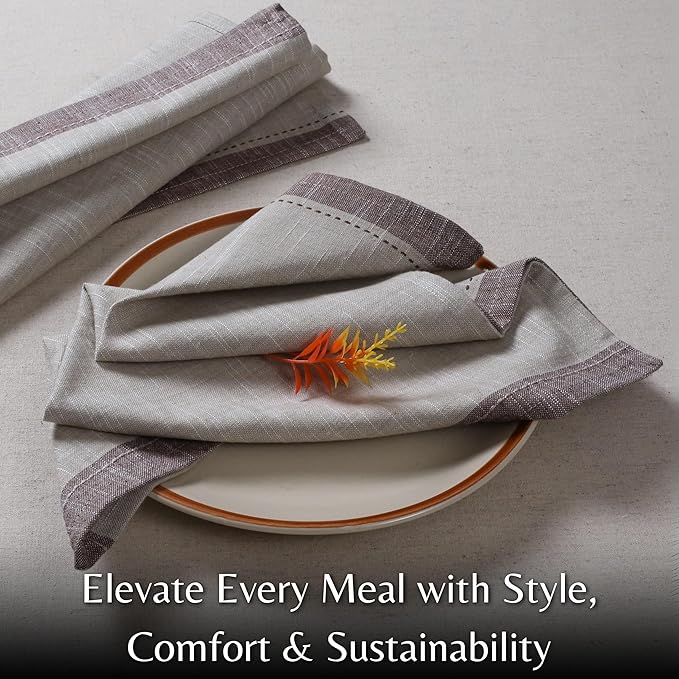 Ramanta Home Cloth Napkins Set of 12 Textured Cotton 18x18 - Premium Contrast Border Thanksgiving Dinner Napkins for Christmas Farmhouse Wedding, Soft Washable Table Linen for Everyday Use - Beige