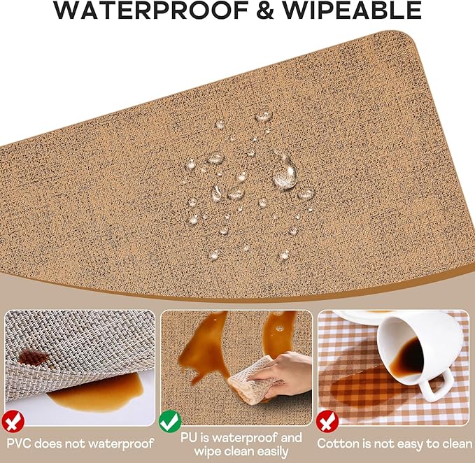 Vinly Placemats Set of 6 - Waterproof Wipeable Faux Leather Table Place Mats Heat Resistant Anti Slip Table Mats for Dining, Indoor, Outdoor, 15.8" x 11.8" (Light Brown)