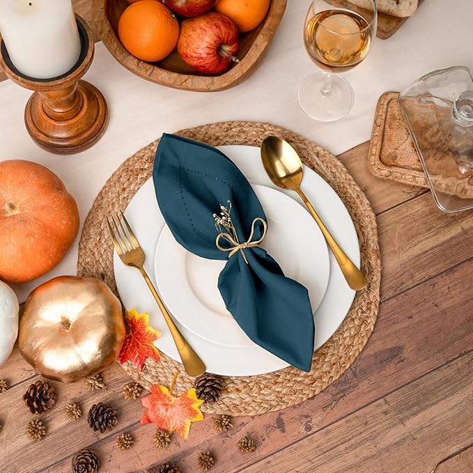 Blue Needles Set of 12 Hemstitch Linen Napkins 100% Cotton Crystal Teal Cloth Dinner Napkins 18x18 inches, Soft Reusable Absorbent Washable, Ideal for Fall Thanksgiving Events, Parties & Everyday Use