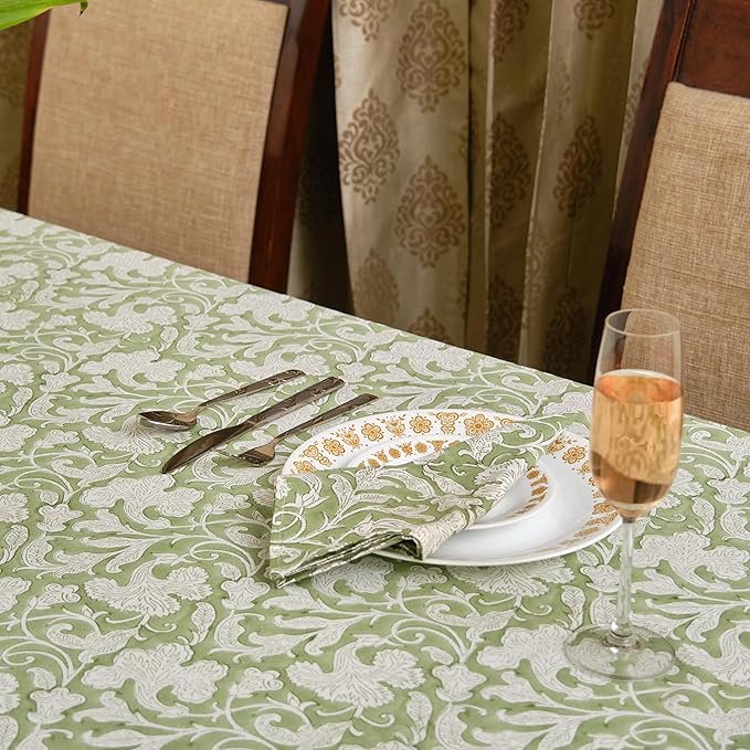 Ridhi - Hand Block Print Cotton Cloth Dinning Table Cover Wedding Farmhouse Thanks Giving Christmas Spring Tablecloth (Sage Green, 8 Seater 70x108 Inches)
