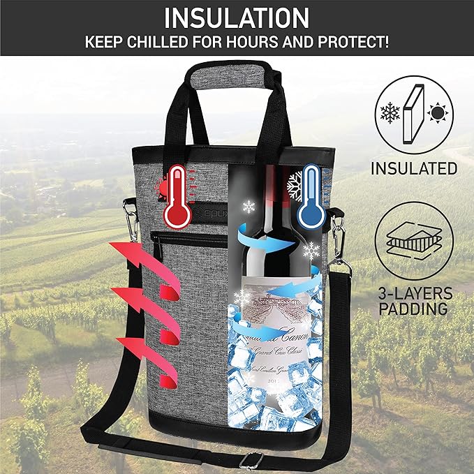 opux Two Bottle Wine Bag Carrier Tote, Insulated Leakproof 2 Bottle Wine Cooler Bag for Travel BYOB Picnic, Portable Wine Case, Gift for Men Women Wine Lover Birthday Party Christmas, Heather Grey
