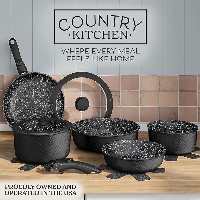 Country Kitchen Cookware Set with Removable Handle, Oven & RV Safe Pots and Pans Set, Black Rhombus, Original