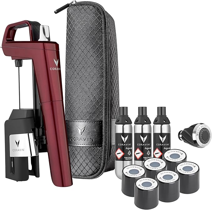 Coravin Timeless Six Plus Wine Preservation System - By-the-Glass Wine Saver - With 3 Pure Argon Gas Capsules, 6 Screw Caps & Wine Aerator - Burgundy