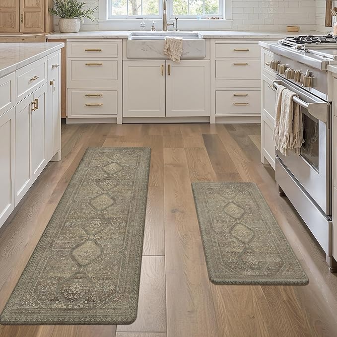 GENIMO Kitchen Mats for Floor 2PCs, Washable Anti Fatigue Mat for Cushioned, 17.3"x59"+17.3"x30", Waterproof Kitchen Rugs, Non Slip Comfort Standing Mat Rug for Home, Sink, Laundry, Sage