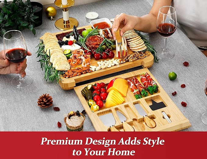 Easoger Cheese Board, Large Charcuterie Board Set, Bamboo Serving Platter, 4 Serving Knives and Utensils - House Warming Gifts, Wedding Gifts for Couples, Birthday Gift for Women or Men