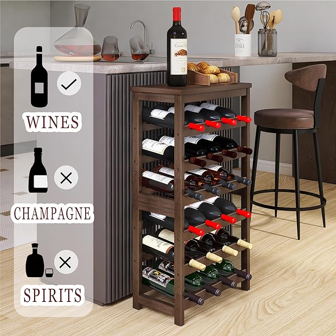 24-Bottle Wine Rack, 6 Tier Bamboo Wine Display Storage Shelves with Tabletop, Floor Freestanding Wine Bottle Holder with Wobble-Free Shelves, Walnut