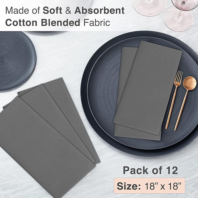 Ruvanti Cloth Napkin Set of 12, 18x18 Inch Soft & Absorbent Cotton Enrich Dinner Napkins for Hotel, Wedding Parties, Napkin-Everyday -Charcoal Grey