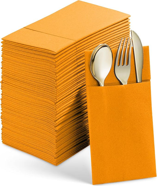 50-Pack Disposable Linen-Feel Dinner Napkins With Built-in Flatware Pocket, LUMINUOS ORANGE Prefolded Cloth Like Paper Napkins For Thanksgiving, Wedding, Dinner Or Party