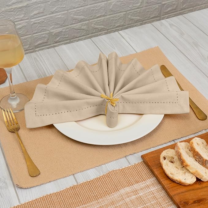 Blue Needles Set of 6 Hemstitch Linen Napkins 100% Cotton Beige Cloth Dinner Napkins 18x18 inches, Soft, Reusable, Absorbent, Washable, Ideal for Fall Thanksgiving Events, Parties & Everyday Use