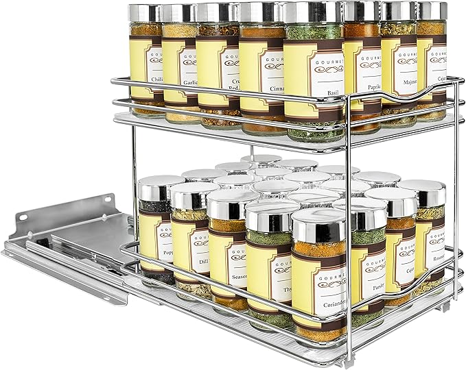 LYNK PROFESSIONAL® Pull Out Spice Rack Organizer for Inside Kitchen Cabinets - 8-3/8 inch Wide - Slide Out Drawer – Chrome Sliding Spice Cabinet Organization Shelf Racks - 2 Tier