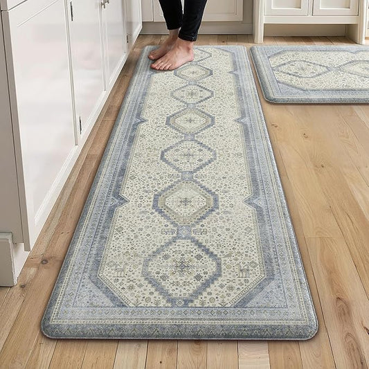 GENIMO Kitchen Mats for Floor 2PCs, Washable Anti Fatigue Mat for Cushioned, 17.3"x47"+17.3"x30", Waterproof Kitchen Rugs, Non Slip Comfort Standing Mat Rug for Home, Sink, Laundry, Lightblue